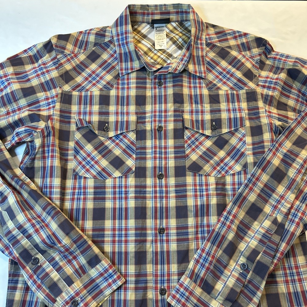 Patagonia Men's Shirt Sz Med Brown Blue Plaid Long Sleeved Button Western Hike - Picture 4 of 9